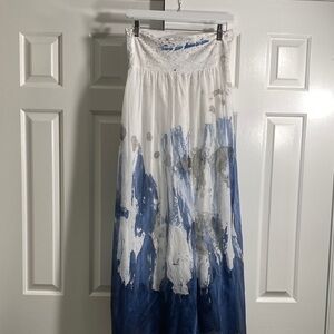White and Blue Maxi Skirt with Watercolor Print